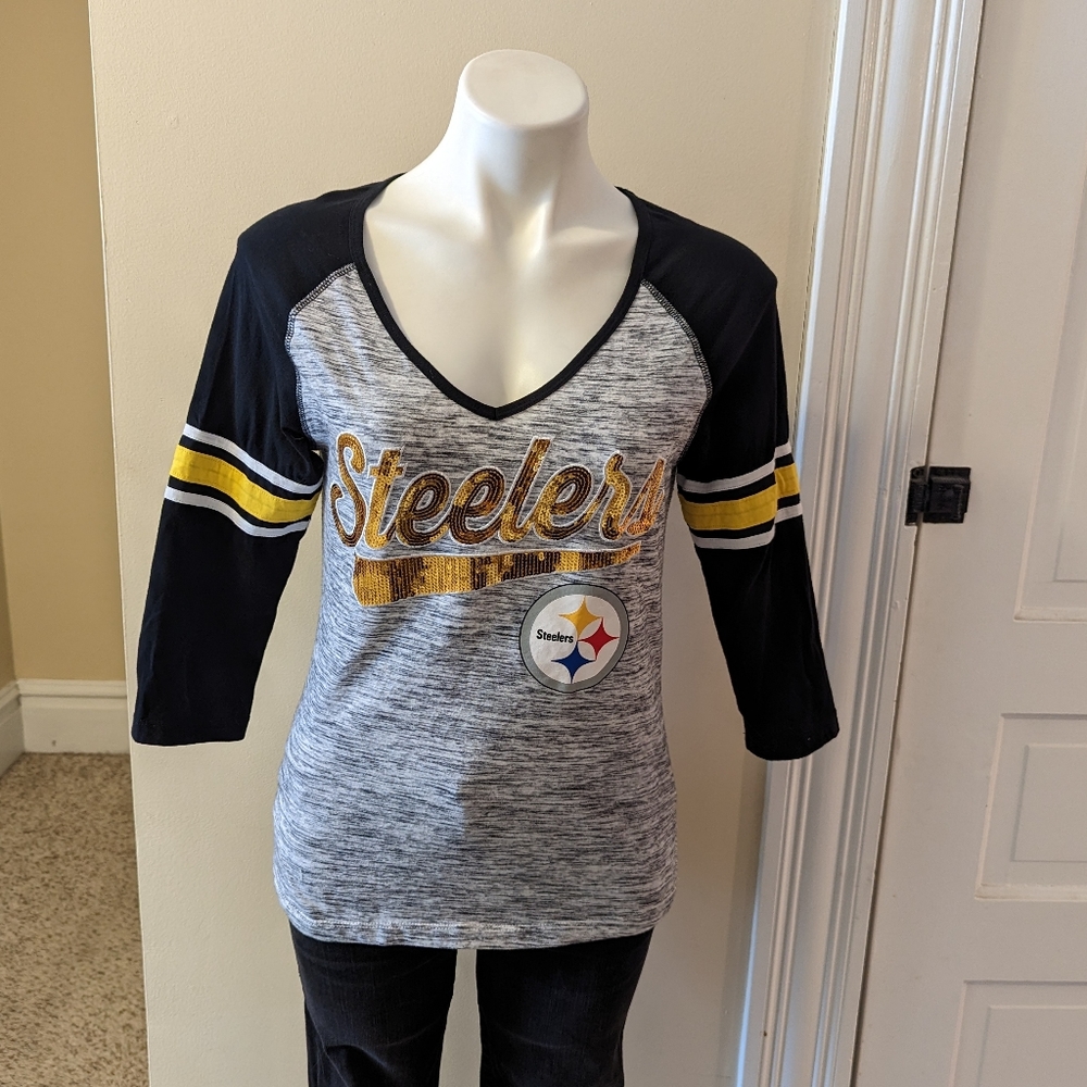 One Touch Pittsburgh Steeled gray, black and gold sequin shirt size S